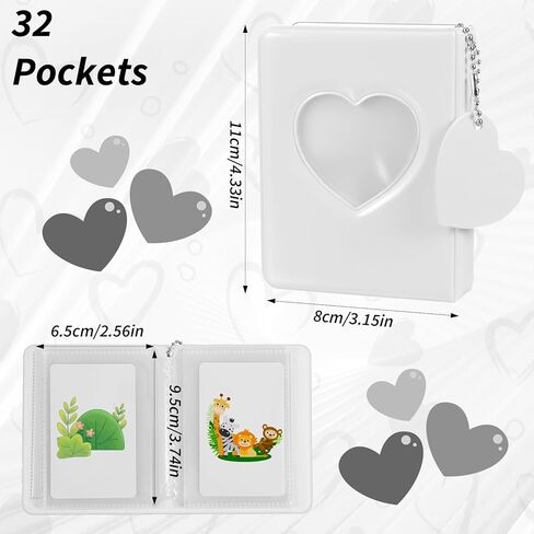 Xindojuz 4x3 Inch Photocard Holder Book, Mini Photo Album Mirror-Like Photocard Binder, Small Photo Card Book Love Heart Hollow Photos Card ID Holder with Pendant for Collection, 32 Pockets(White) in Saudi Arabia
