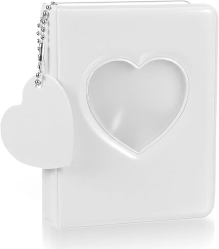 Xindojuz 4x3 Inch Photocard Holder Book, Mini Photo Album Mirror-Like Photocard Binder, Small Photo Card Book Love Heart Hollow Photos Card ID Holder with Pendant for Collection, 32 Pockets(White) in Saudi Arabia