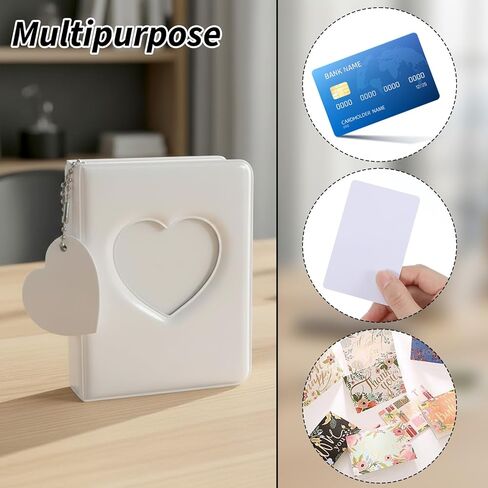 Xindojuz 4x3 Inch Photocard Holder Book, Mini Photo Album Mirror-Like Photocard Binder, Small Photo Card Book Love Heart Hollow Photos Card ID Holder with Pendant for Collection, 32 Pockets(White) in Saudi Arabia