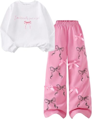 SOLY HUX Girl's 2 Piece Outfits Fall Tracksuits Bow Graphic Crewneck Sweatshirts Wide Leg Baggy Sweatpants in Saudi Arabia