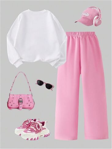 SOLY HUX Girl's 2 Piece Outfits Fall Tracksuits Bow Graphic Crewneck Sweatshirts Wide Leg Baggy Sweatpants in Saudi Arabia