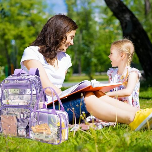 مجموعة حقيبة غداء شفافة شديدة التحمل للأطفال بعمر 8 سنوات - أساسيات مدرسية عملية وأنيقة (حقيبة ظهر شفافة وحقيبة غداء شفافة - أرجوانية) in Kuwait