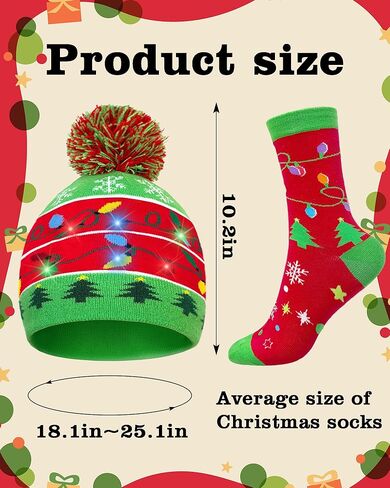 Hikkcos Light Up Christmas Hat Beanie Winter Hat and Xmas Holiday Socks, Gifts for Men Women Teens in Saudi Arabia