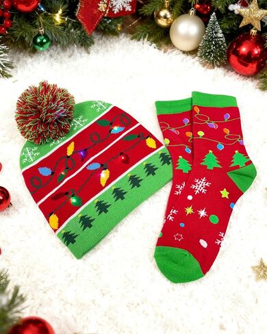 Hikkcos Light Up Christmas Hat Beanie Winter Hat and Xmas Holiday Socks, Gifts for Men Women Teens in Saudi Arabia