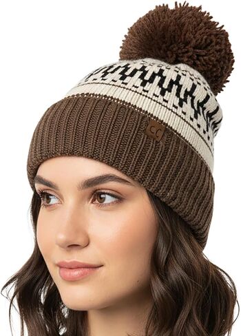 Funky Junque Women’s Knit Pom Beanie – Cozy Womens Winter Hat, Apres Ski Cold Weather Beanies with Geometric and Cross Design in Saudi Arabia