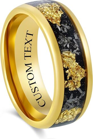 Custom Engraved Men's Wedding Ring Yellow Gold Tungsten Meteorite & Gold Leaf Foil Inlay, Personalized Wooden Ring Box - 8mm Comfort Fit in Saudi Arabia