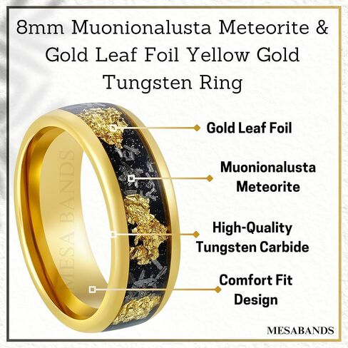 Custom Engraved Men's Wedding Ring Yellow Gold Tungsten Meteorite & Gold Leaf Foil Inlay, Personalized Wooden Ring Box - 8mm Comfort Fit in Saudi Arabia
