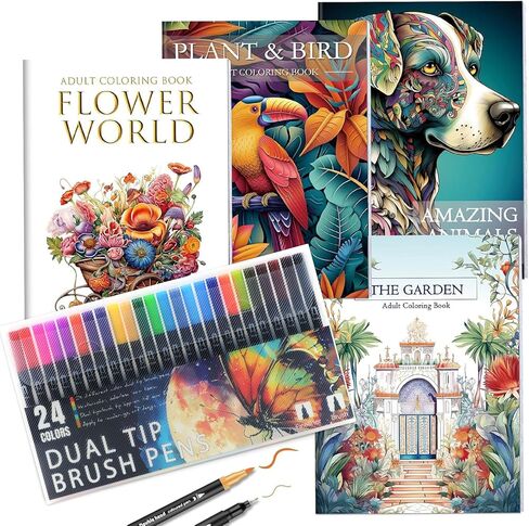 Adult Coloring Book for Adults Relaxation, Mindfulness Coloring Book with 24 Dual Tip Markers, Anxiety Relief Gifts for Women with 128 Patterns Include Plants Animals Flowers Garden Style (4 Pack) in Kuwait