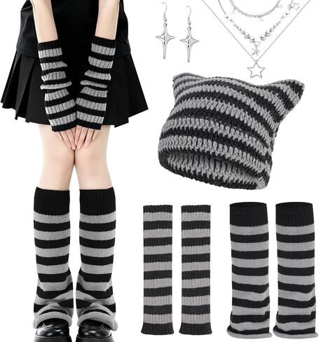 Y2K Striped Crochet Beanie Hats Set Cat Beanie Accessories with Arm and Leg Warmers Necklaces Star Earrings for Women in Saudi Arabia