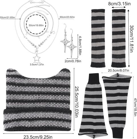 Y2K Striped Crochet Beanie Hats Set Cat Beanie Accessories with Arm and Leg Warmers Necklaces Star Earrings for Women in Saudi Arabia
