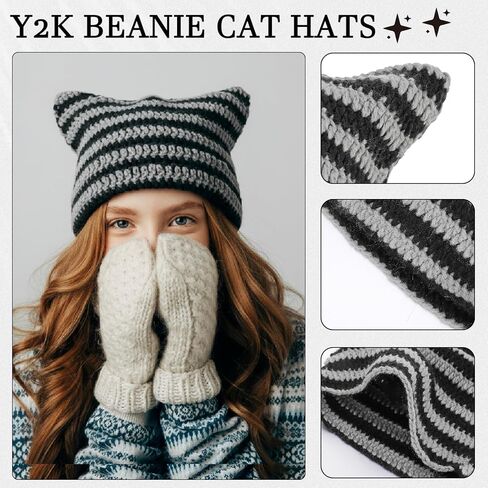 Y2K Striped Crochet Beanie Hats Set Cat Beanie Accessories with Arm and Leg Warmers Necklaces Star Earrings for Women in Saudi Arabia