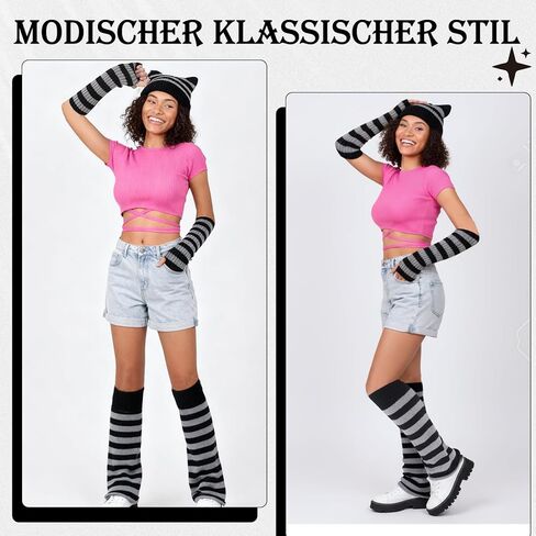Y2K Striped Crochet Beanie Hats Set Cat Beanie Accessories with Arm and Leg Warmers Necklaces Star Earrings for Women in Saudi Arabia
