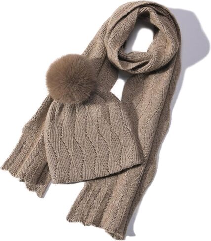 Knit Hat Scarf Set with Detachable Pom Pom, Wool Blend Winter Beanie & Long Scarf, Cold Weather Accessories for Women in Saudi Arabia