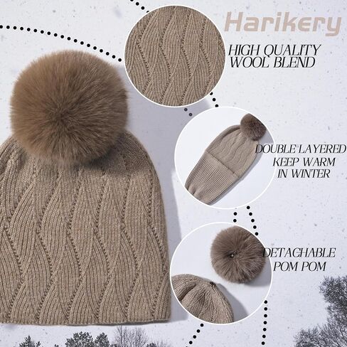 Knit Hat Scarf Set with Detachable Pom Pom, Wool Blend Winter Beanie & Long Scarf, Cold Weather Accessories for Women in Saudi Arabia