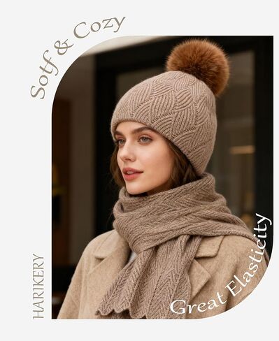 Knit Hat Scarf Set with Detachable Pom Pom, Wool Blend Winter Beanie & Long Scarf, Cold Weather Accessories for Women in Saudi Arabia