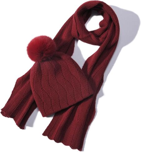 Knit Hat Scarf Set with Detachable Pom Pom, Wool Blend Winter Beanie & Long Scarf, Cold Weather Accessories for Women in Saudi Arabia