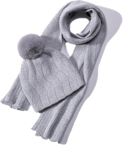 Knit Hat Scarf Set with Detachable Pom Pom, Wool Blend Winter Beanie & Long Scarf, Cold Weather Accessories for Women in Saudi Arabia