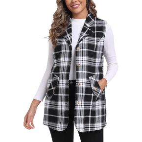 MoFiz Womens Long Flannel Plaid Vest Fall Winter Button Down Sleeveless Blazer Jackets Cardigan Coat Outerwear With Pockets in Saudi Arabia
