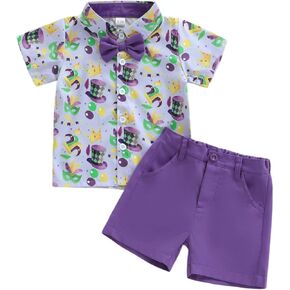 Karuedoo Toddler Baby Boy Mardi Gras Outfit Button Down Short Sleeve Bowtie Shirt Top Shorts Set Gentleman Outfits Suit in Kuwait