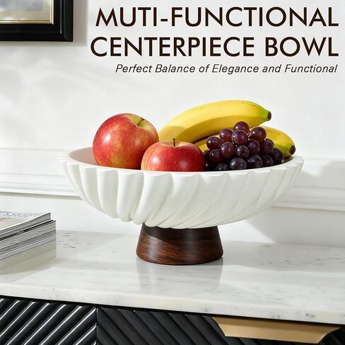 وعاء فواكه مزخرف من الخرسانة البيضاء مقاس 11 بوصة مع قاعدة خشبية - وعاء ديكور حديث ووعاء مفاتيح لطاولة الطعام وطاولة القهوة وديكور المطبخ والمنزل in Kuwait