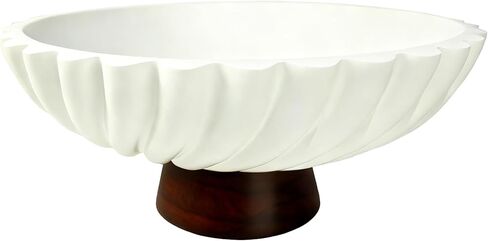 وعاء فواكه مزخرف من الخرسانة البيضاء مقاس 11 بوصة مع قاعدة خشبية - وعاء ديكور حديث ووعاء مفاتيح لطاولة الطعام وطاولة القهوة وديكور المطبخ والمنزل in Kuwait