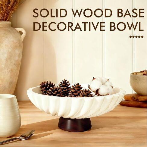 وعاء فواكه مزخرف من الخرسانة البيضاء مقاس 11 بوصة مع قاعدة خشبية - وعاء ديكور حديث ووعاء مفاتيح لطاولة الطعام وطاولة القهوة وديكور المطبخ والمنزل in Kuwait