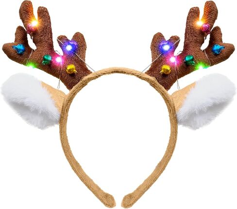 Reindeer Antlers Headband Light Up Christmas Party Favors Fluffy Deer Costume Headbands for Women in Saudi Arabia