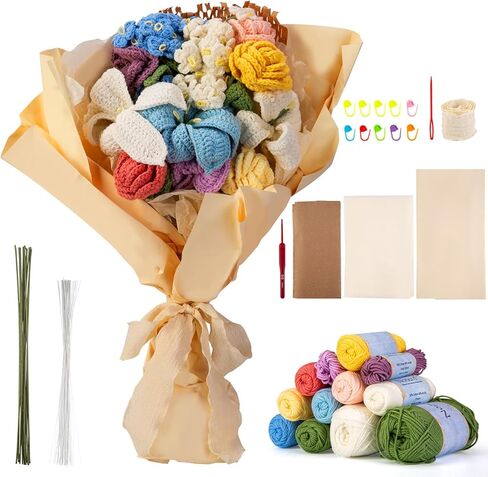 Noocro Crochet Kit for Beginners, Starter Kit, Flower, Flower Bouquet, Tulip, with Step by Step Tutorial Video and Detailed Instruction Complete Kit Craft Supplies Holiday Gift (Vase not Include) in Kuwait