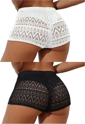 Women's Bathing Suit Cover Up Beach Shorts Hollow Out Crochet Coverups Beach Shorts 2 Pack Swimwear in Saudi Arabia