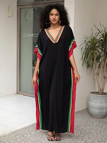 Women Kaftan Dresses Plus Size V-Neck Batwing Sleeves Beach Cover Up Floral Print Moomoos Dress in Saudi Arabia
