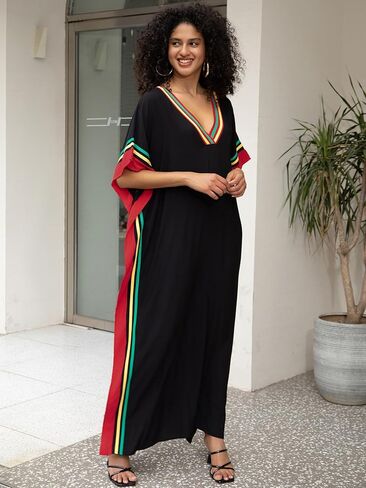 Women Kaftan Dresses Plus Size V-Neck Batwing Sleeves Beach Cover Up Floral Print Moomoos Dress in Saudi Arabia