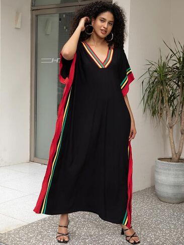 Women Kaftan Dresses Plus Size V-Neck Batwing Sleeves Beach Cover Up Floral Print Moomoos Dress in Saudi Arabia