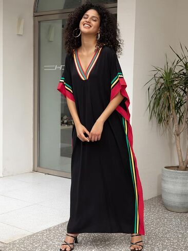 Women Kaftan Dresses Plus Size V-Neck Batwing Sleeves Beach Cover Up Floral Print Moomoos Dress in Saudi Arabia