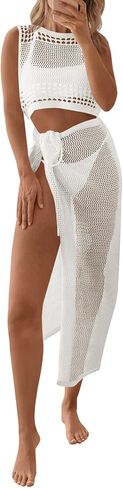 Fisoew Womens Crochet Swim Cover Ups 2 Piece Sleeveless Crop Tops Beach Wrap Skirt Hollow Out Boho Coverup Set in Saudi Arabia