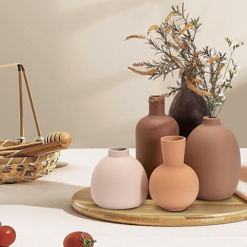 مجموعة مزهريات سيراميك محايدة - 5 مزهريات ذات لون ترابي غير لامع للديكور المنزلي الياباني أو الاسكندنافي أو البسيط، أو الطاولة، أو المدخل، أو الرف، أو رف الموقد in Kuwait