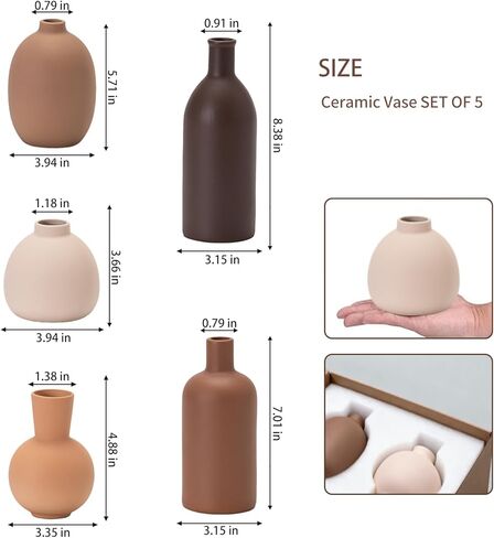 مجموعة مزهريات سيراميك محايدة - 5 مزهريات ذات لون ترابي غير لامع للديكور المنزلي الياباني أو الاسكندنافي أو البسيط، أو الطاولة، أو المدخل، أو الرف، أو رف الموقد in Kuwait