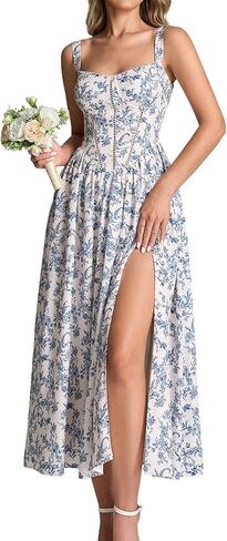 KUTUMAI Floral Corset Midi Dresses for Women Flowy Slit Lace Up Summer Tea Party Wedding Guest Dress with Pockets in Saudi Arabia