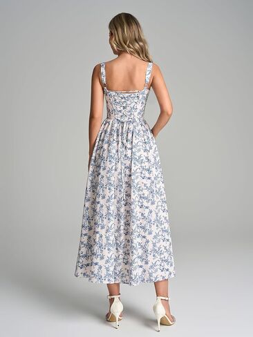 KUTUMAI Floral Corset Midi Dresses for Women Flowy Slit Lace Up Summer Tea Party Wedding Guest Dress with Pockets in Saudi Arabia