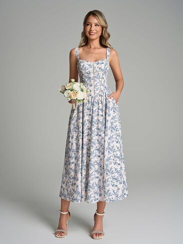 KUTUMAI Floral Corset Midi Dresses for Women Flowy Slit Lace Up Summer Tea Party Wedding Guest Dress with Pockets in Saudi Arabia