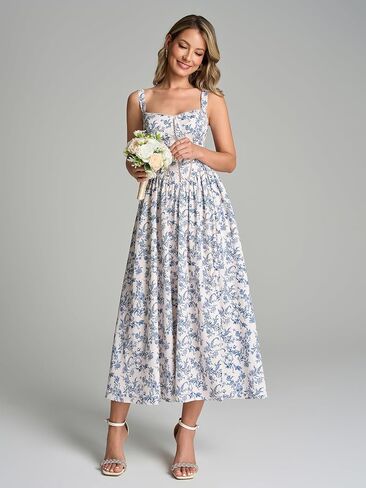 KUTUMAI Floral Corset Midi Dresses for Women Flowy Slit Lace Up Summer Tea Party Wedding Guest Dress with Pockets in Saudi Arabia