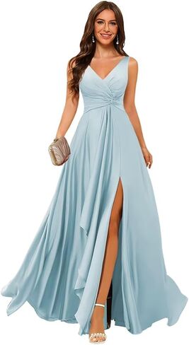 Stylefun Double V Neck Satin Bridesmaid Dresses for Women Long Ruffled Split A-line Formal Prom Dresses with Pocket STN005 in Saudi Arabia