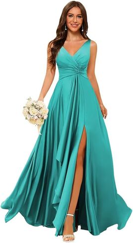 فساتين وصيفة العروس من الساتان برقبة مزدوجة على شكل V من Stylefun للنساء طويلة مكشكشة على شكل حرف a فساتين لحضور الحفلات الموسيقية الرسمية مع جيب STN005 in Kuwait