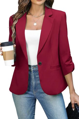 Women's Ruched 3/4 Sleeve Blazers, Lightweight Slim Fit Jackets with Padded Shoulder for Business Casual in Saudi Arabia