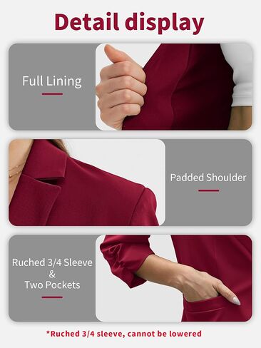 Women's Ruched 3/4 Sleeve Blazers, Lightweight Slim Fit Jackets with Padded Shoulder for Business Casual in Saudi Arabia