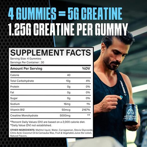 STONEPACK Creatine Gummies – The Only Lab-Verified 5g Creatine Monohydrate | Plus B12 for Energy, Accurate Dosing, Sugar-Free, Vegan, Gluten-Free | 120 Count Blue Raspberry Flavor in Saudi Arabia