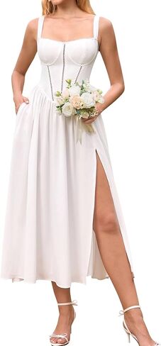 KUTUMAI Floral Corset Midi Dresses for Women Flowy Slit Lace Up Summer Tea Party Wedding Guest Dress with Pockets in Saudi Arabia
