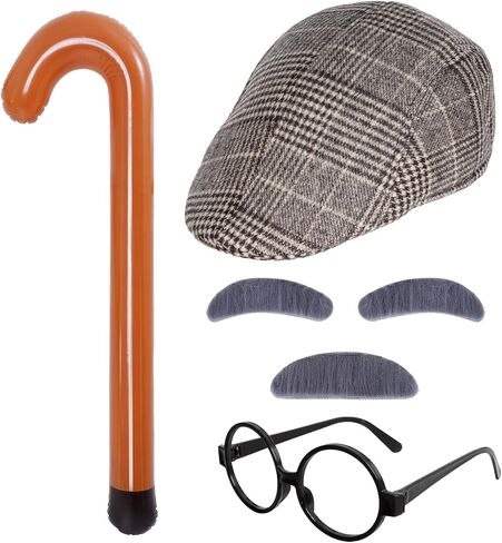 5Pcs Old Man Grandpa Costume Kit - Gray Mustache and Eyebrows, Glasses, Flat Hat, Inflatable Cane Set in Saudi Arabia