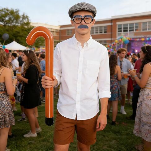 5Pcs Old Man Grandpa Costume Kit - Gray Mustache and Eyebrows, Glasses, Flat Hat, Inflatable Cane Set in Saudi Arabia