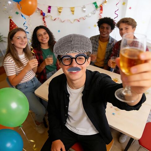 5Pcs Old Man Grandpa Costume Kit - Gray Mustache and Eyebrows, Glasses, Flat Hat, Inflatable Cane Set in Saudi Arabia