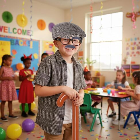 5Pcs Old Man Grandpa Costume Kit - Gray Mustache and Eyebrows, Glasses, Flat Hat, Inflatable Cane Set in Saudi Arabia